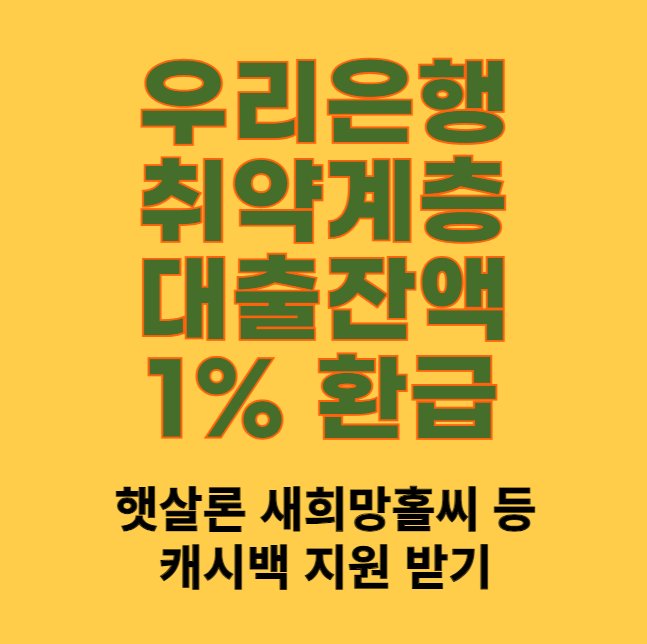 우리은행 취약계층 대출잔액 1% 환급 신청 방법 및 대상 (햇살론 새희망홀씨 등 캐시백)